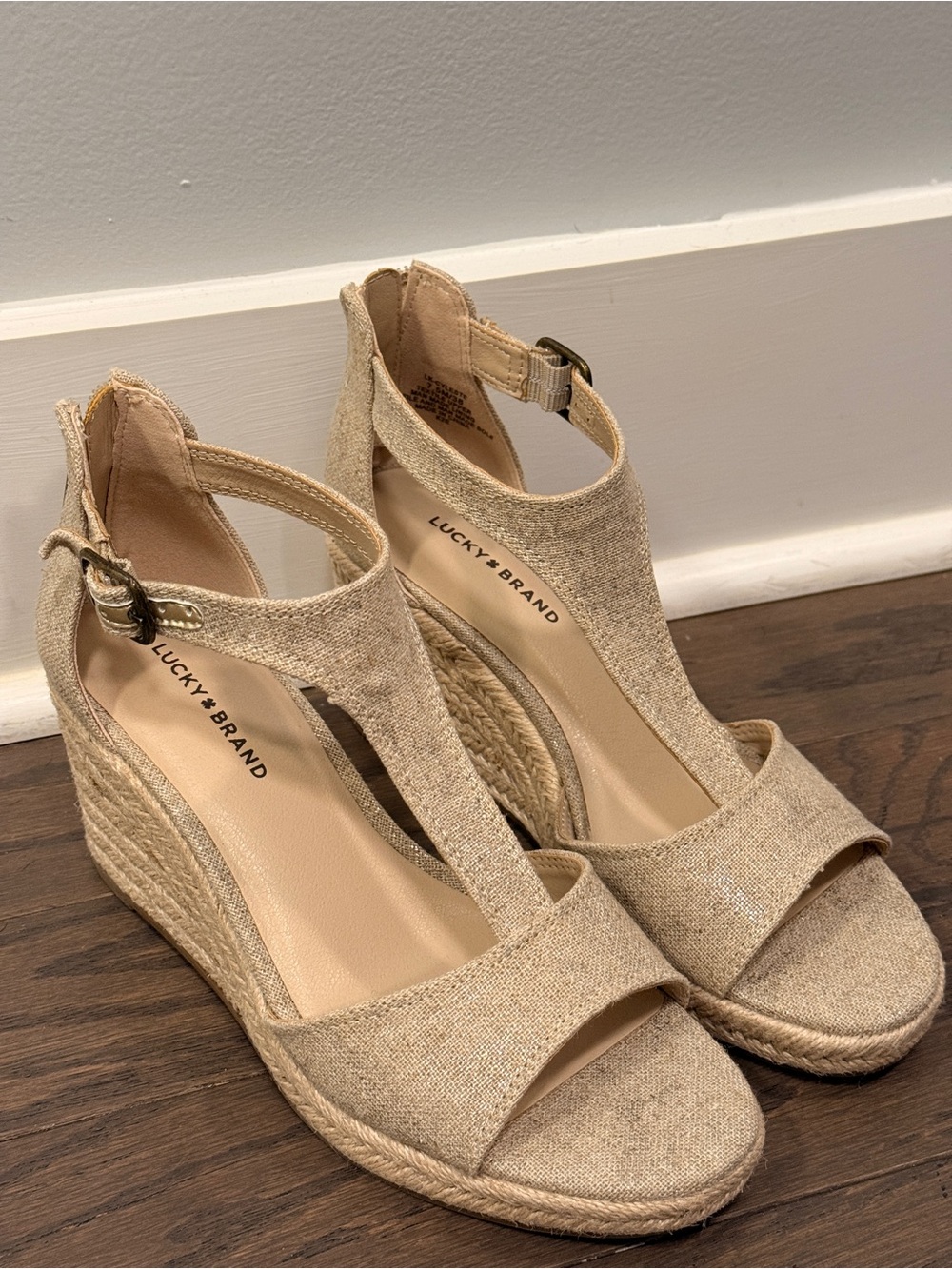 Lucky Brand Beige Linen-Look Espadrille Wedge Sandals
